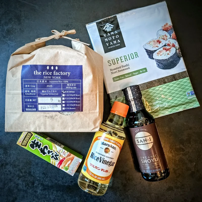 Sashimi DC Home Sushi Kit — short-grain Japanese rice, seasoned rice vinegar, shoyu, nori, and wasabi