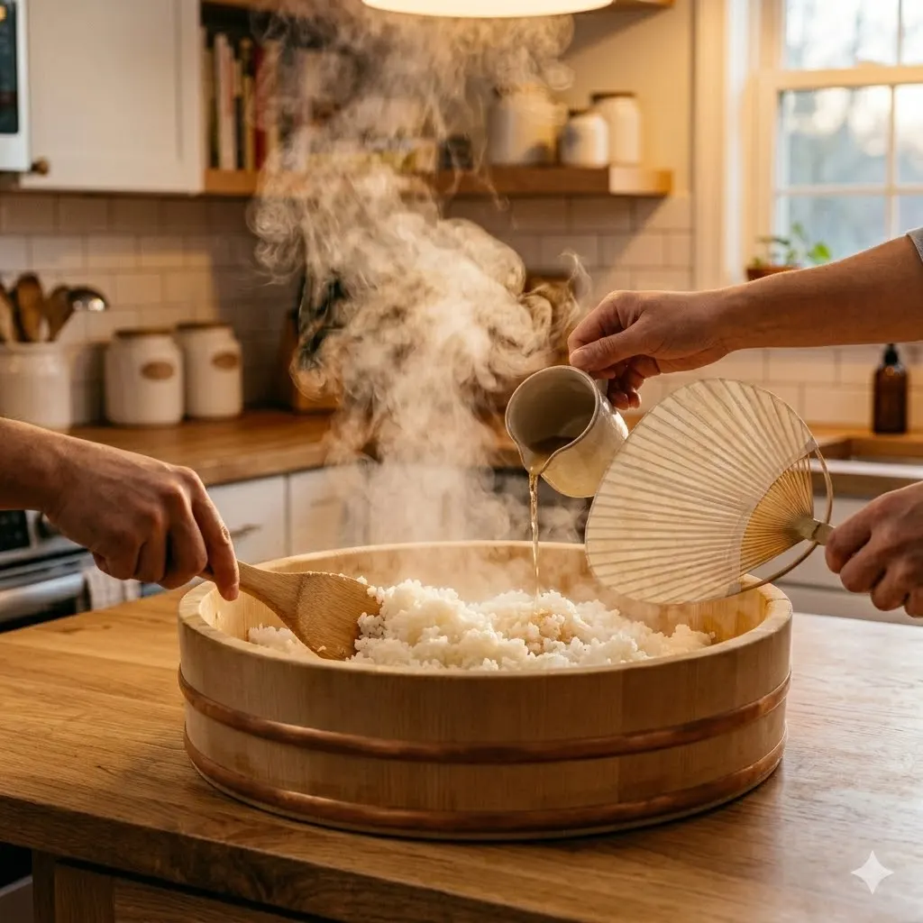 Shari — seasoned sushi rice, folded in Hangiri