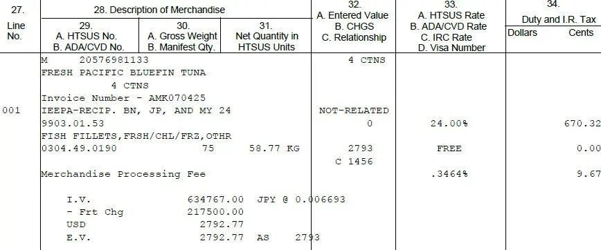 US Customs entry summary showing 24% IEEPA tariff on a Japanese fish import, April 9, 2025 — Sashimi DC